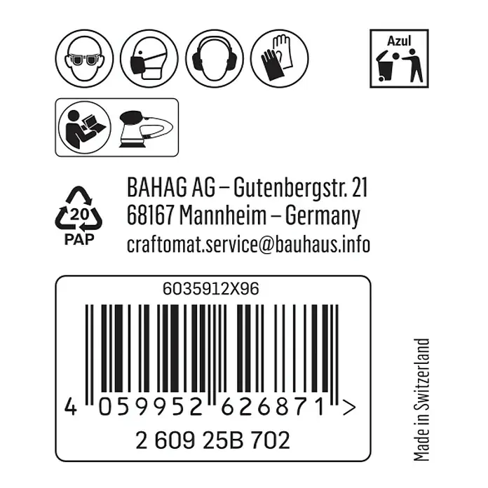 Craftomat Schleifnetz - Durchmesser: 125 mm, Körnung: 240, 1 Stk. - Produktverpackung mit Sicherheits- und Recyclinghinweisen, Barcode und Herstellerinformationen.