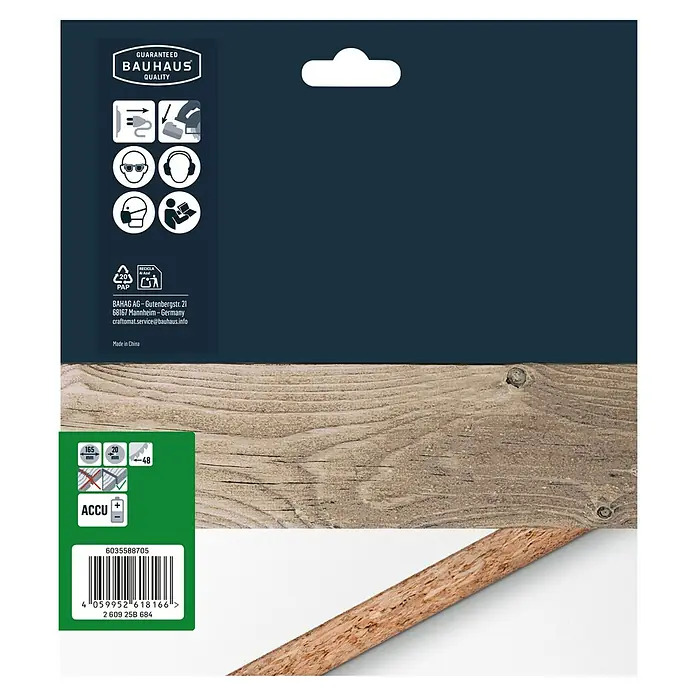 Craftomat Kreissägeblatt Accu Holz - 165 mm, Bohrung: 20 mm, Anzahl Zähne: 48 Stk. - Produktverpackung von Bauhaus mit Qualitätsgarantie, Sicherheitsinformationen, Barcode und Produktmaßen.