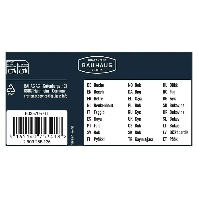 Craftomat Holzdübel - Ø x L: 10 x 40 mm, 120 Stk., Passend für: Bohrer 10 mm - Etikett der Bauhaus Buche mit Produktinformationen, Barcode und Recyclinghinweisen für eine nachhaltige Entsorgung.