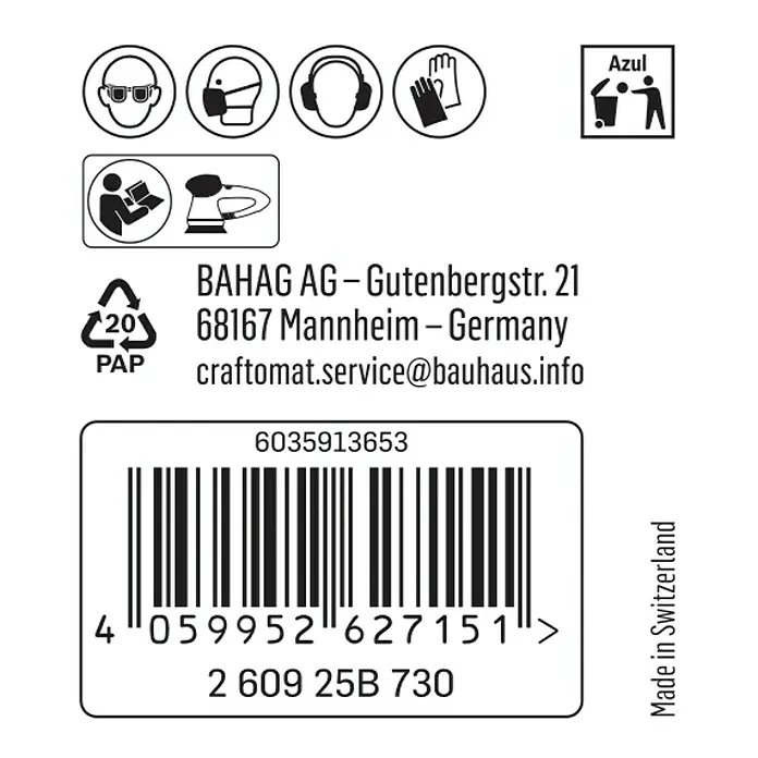 Craftomat Haftschleifscheiben - Körnung: 80, Durchmesser: 125 mm, 1 Stk. - Produktetikett mit Sicherheitsvorkehrungen, Herstellerinformationen (BAHAG AG) und Barcode.
