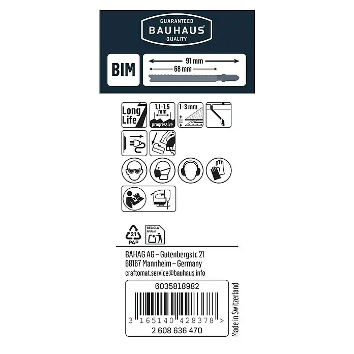 Craftomat Stichsägeblatt T 118 AF - Blech, 2 -tlg., T-Schaft - Abbildung eines Bauhaus-Sägeblatts mit den Maßen 91 mm Länge und 68 mm Schnittlänge, gekennzeichnet für lange Lebensdauer und progressive Schnitte.