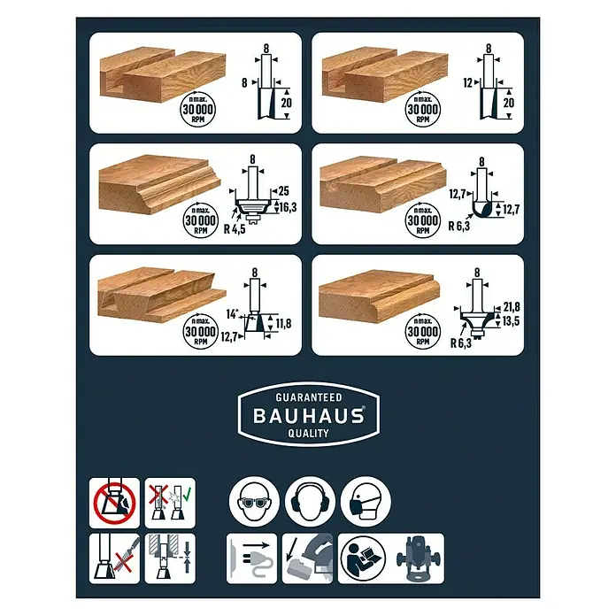 Craftomat Fräser-Set - 6 -tlg., Durchmesser Schaft: 8 mm - Abbildung von Holzfräsen mit dazugehörigen Skizzen, die die Abmessungen und Profile der Fräser zeigen, sowie Sicherheitshinweise.