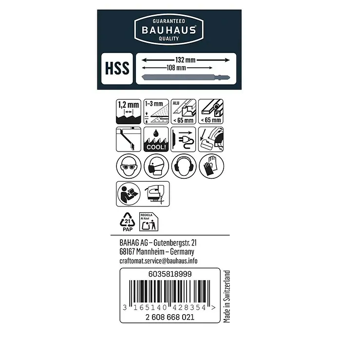 Craftomat Stichsägeblatt T 318 A - Metall, 2 -tlg., T-Schaft - Produktinformationen: BAUHAUS Stichsägeblatt, HSS, geeignet für 1,2 mm dicke Materialien und Aluminium bis 65 mm, mit Sicherheitshinweisen und Recyclinginfo.