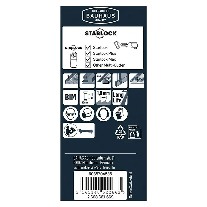 Craftomat Tauchsägeblatt AIZ 10 EC - 30 x 10 mm, Holz/Kunststoff - Produktverpackung mit Bauhaus-Qualitätssiegel, StarLock-Kompatibilität und Anwendungsbereichen.
