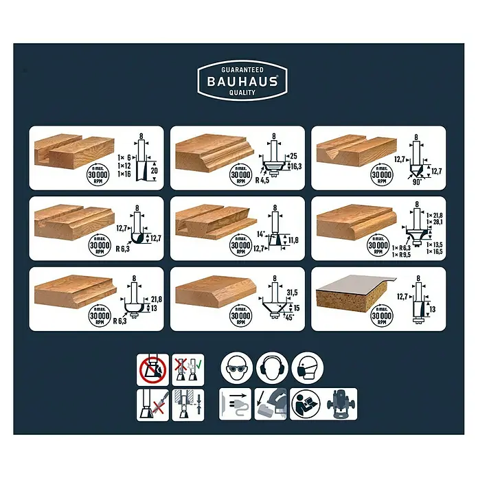 Craftomat Fräser-Set - 12 -tlg., Durchmesser Schaft: 8 mm - Abbildung verschiedener Fräserprofile von Bauhaus in hoher Qualität mit den zugehörigen technischen Zeichnungen.