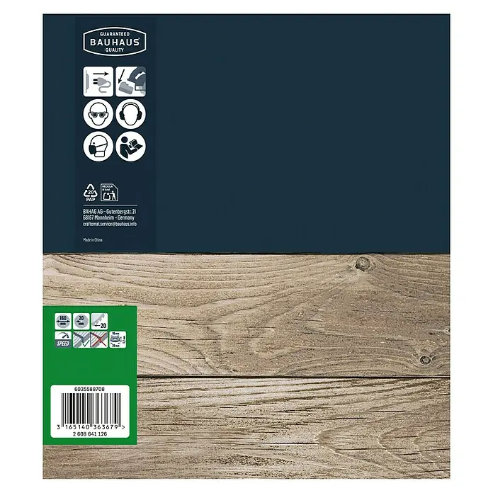 Craftomat Kreissägeblatt HM - 160 mm, Bohrung: 16 mm - 20 mm, Anzahl Zähne: 20 Stk. - Produktverpackung von Bauhaus mit Produktspezifikationen, Sicherheitshinweisen und Barcode für umfassende Produktinformationen.