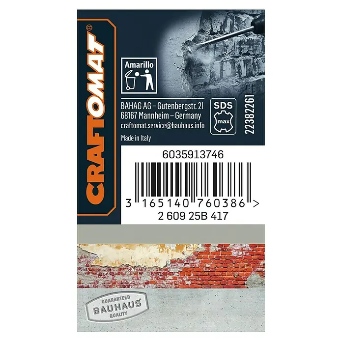 Craftomat Spatmeißel - SDS Max, Breite: 50 mm, 1 Stk. - Produktverpackung von Craftomat mit Barcode, Herstellerinformationen und Qualitätssiegel für Heimwerkerbedarf.