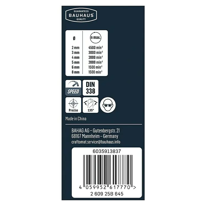 Craftomat Metallbohrer HSS-R Speed - Durchmesser Bohrer: 8 mm - Detailaufnahme der Bauhaus Bohrerverpackung mit Informationen zu Bohrdurchmesser, Drehzahl und Sicherheitshinweisen.
