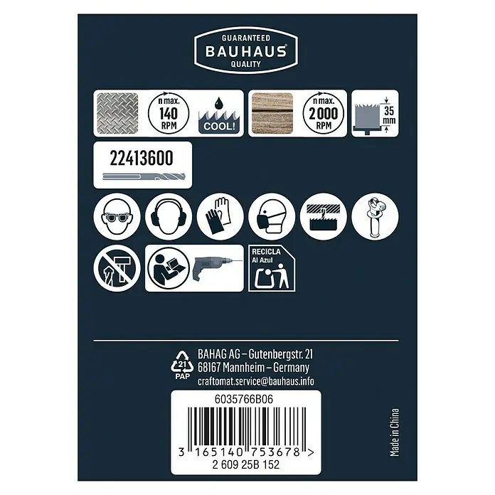 Craftomat Lochsäge - 60 mm, Stahl, Durchmesser Schaft: 10 mm HEX - Abbildung der Bauhaus-Produktverpackung mit Sicherheits- und Nutzungshinweisen, einschließlich Drehzahlangaben und Materialverträglichkeit.