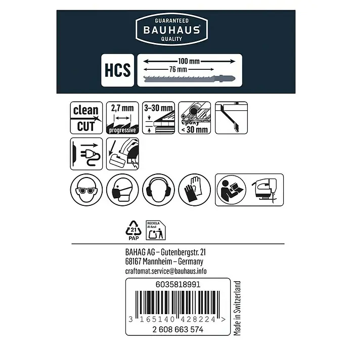 Craftomat Stichsägeblatt T 101 B - Weichholz/Kunststoffe, 5 -tlg., T-Schaft - Stichsägeblatt-Verpackung: Bauhaus-Qualität, HCS, 100mm Länge, 76mm Schnittlänge, geeignet für saubere Schnitte in 3-30mm dicke Materialien.