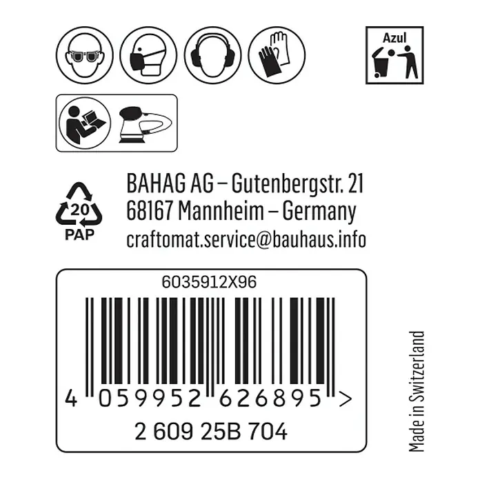 Craftomat Schleifnetz - Durchmesser: 150 mm, Körnung: 120, 1 Stk. - Abgebildet ist die Produktverpackung eines Schleifgerätes mit Schutzhinweisen, Herstellerinformationen und Barcode.