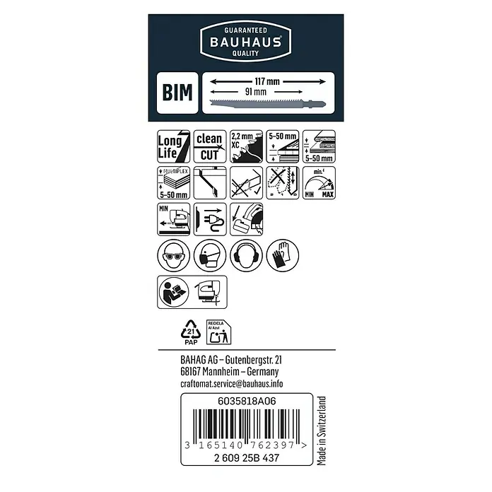 Craftomat Stichsägeblatt T 308 BF - Holz, 3 -tlg., T-Schaft - Abbildung des Bauhaus-Sägeblatts mit den Maßen 117 mm und 91 mm, zusammen mit Produktmerkmalen und Sicherheitsrichtlinien.