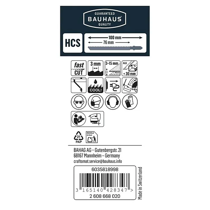 Craftomat Stichsägeblatt T 127 D - Aluminium, 2 -tlg., T-Schaft - Abbildung eines BAUHAUS-Qualitäts-Sägeblatts mit Produktspezifikationen, Sicherheits- und Recyclinghinweisen. Hergestellt in der Schweiz.