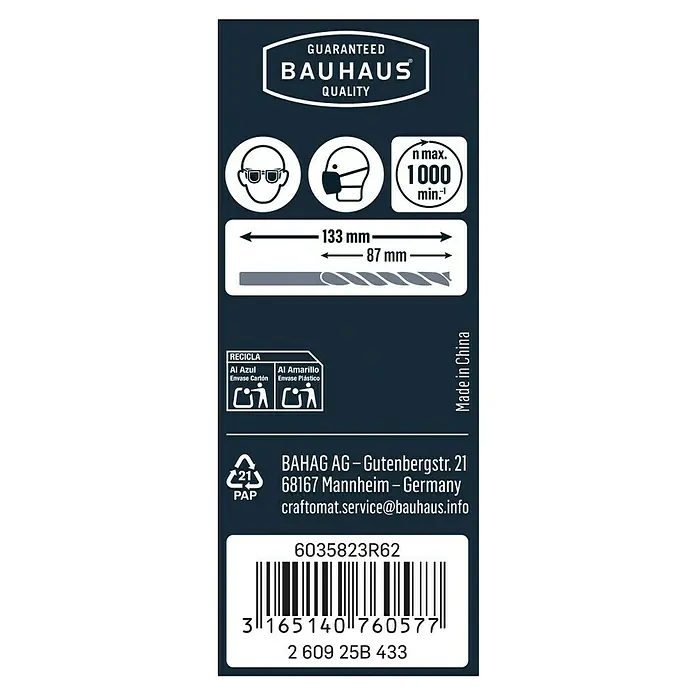 Craftomat Holzbohrer - 1 Stk., Durchmesser Bohrer: 10 mm, Arbeitslänge: 87 mm - Produktverpackungsetikett mit Informationen zu Sicherheitshinweisen, Abmessungen und Recycling, Marke Bauhaus.