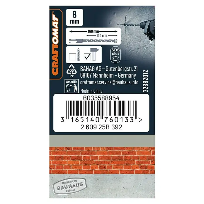Craftomat SDS-Plus Betonbohrer - Länge: 160 mm, Durchmesser Bohrer: 8 mm - Abbildung einer Craftomat 8 mm Bohrmaschine mit technischen Daten und Herstellerinformationen auf der Verpackung.