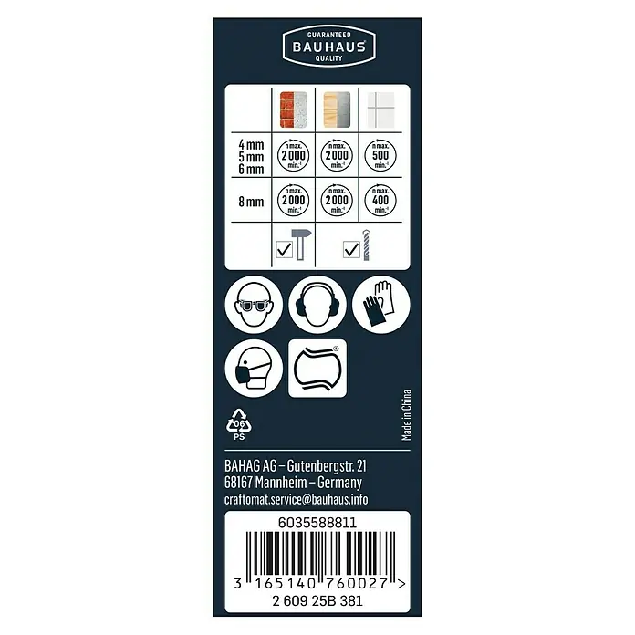 Craftomat Universalbohrer - Durchmesser Bohrer: 8 mm - Abbildung einer Produktverpackung mit Sicherheits- und Anwendungshinweisen, inklusive Barcode und Herstellerinformationen.