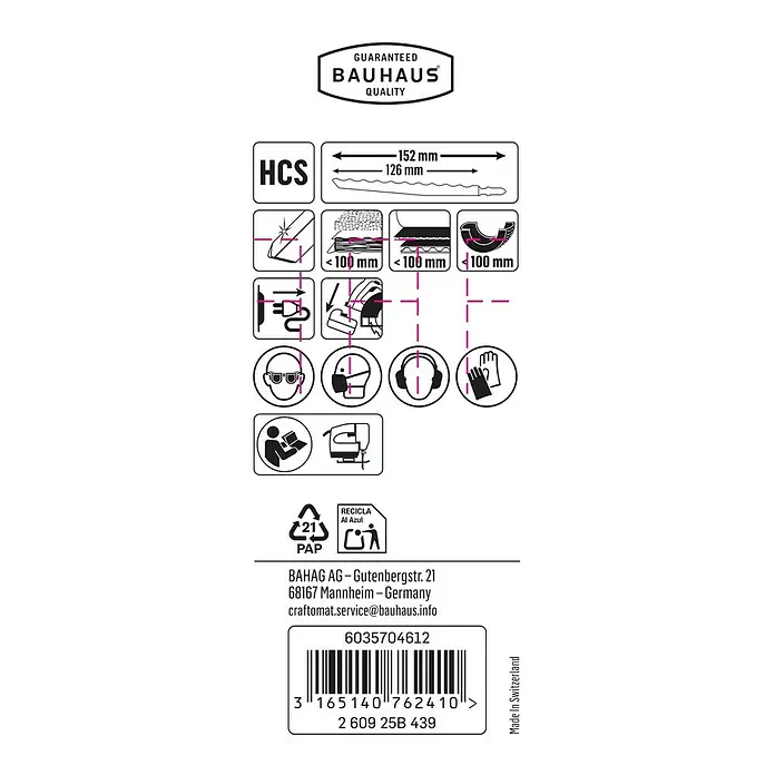 Craftomat Stichsägeblätter T 313 AW - Karton/Teppich, 3 -tlg., T-Schaft - Verpackungsaufdruck der Bauhaus Stichsägeblätter mit Angaben zu Material, Größe und Sicherheitshinweisen.