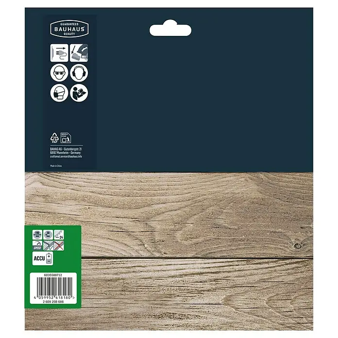 Craftomat Kreissägeblatt Accu Holz - 190 mm, Bohrung: 30 mm, Anzahl Zähne: 24 Stk. - Produktverpackung mit Bauhaus-Qualitätsgarantie, Sicherheitshinweisen, Recycling-Symbolen, Herstellerinformationen und Barcode.
