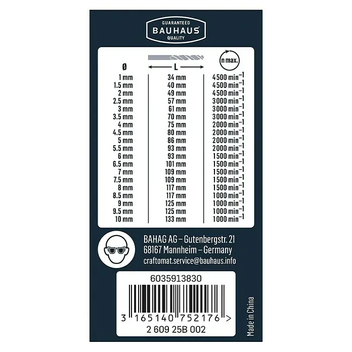 Craftomat Bohrer-Set Gripbox - Durchmesser Bohrer: 9,5 mm - Informationen zu Bauhaus-Qualitätsbohrern: Durchmesser, Länge und maximale Drehzahl für präzise Bohrarbeiten.