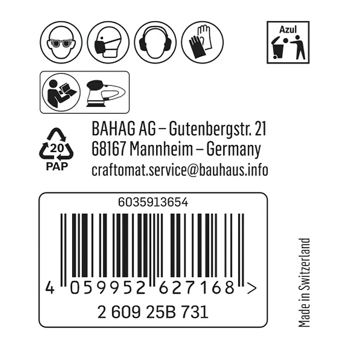 Craftomat Haftschleifscheiben - Körnung: 120, Durchmesser: 125 mm, 1 Stk. - Produktetikett mit Sicherheitsinformationen, Barcode und Herstellerangaben.