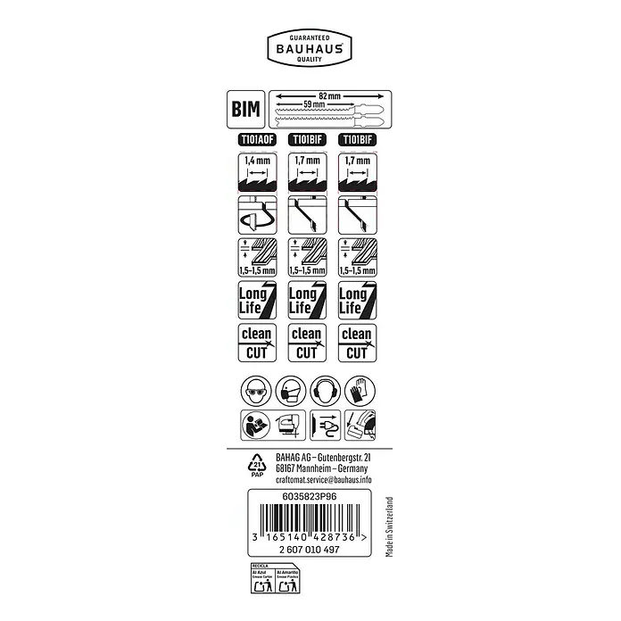 Craftomat Stichsägeblatt-Set - Laminat, 3 -tlg., T-Schaft - Abbildung einer Bauhaus Stichsägeblatt-Packung mit den Details zu den verschiedenen Sägeblättern, Sicherheitsvorkehrungen und Recyclinghinweisen.
