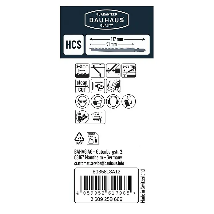 Craftomat Stichsägeblatt T 234 X - T-Schaft, 3 Stk. - Abbildung eines Bauhaus Stichsägeblattes, HCS, mit Größenangaben, Sicherheitshinweisen und Recyclinginformationen.