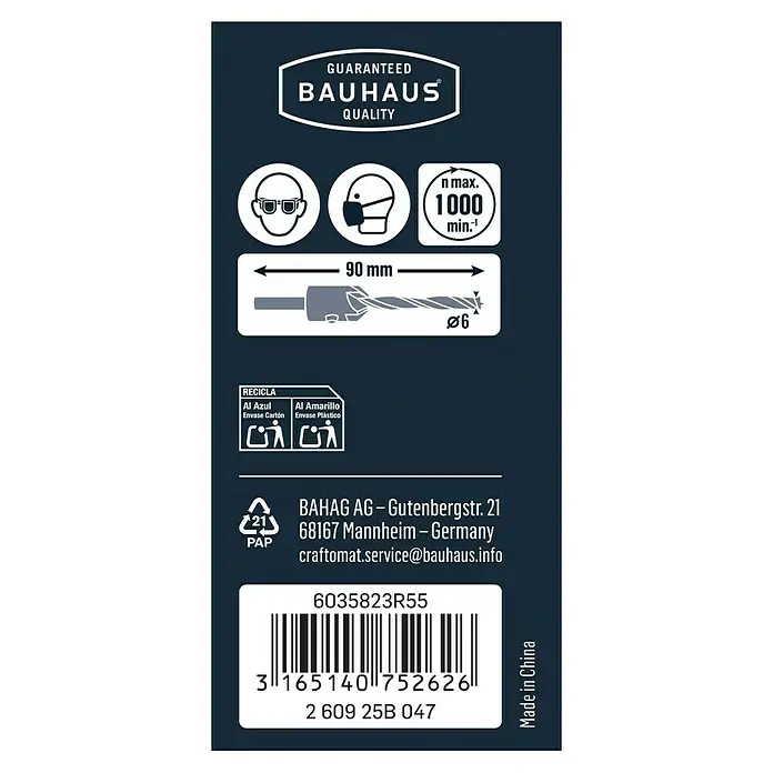 Craftomat Holzbohrer mit Senker - Durchmesser Bohrer: 6 mm - Produktetikett mit Sicherheitsinformationen, Bauhaus-Qualitätsgarantie, Recyclinghinweisen und Barcode für den Bohrer.