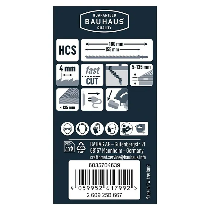 Craftomat Stichsägeblatt T 744 D - T-Schaft, 3 Stk. - Abbildung des Bauhaus Stichsägeblatts mit technischen Daten und Sicherheitshinweisen für optimale Schnittergebnisse.