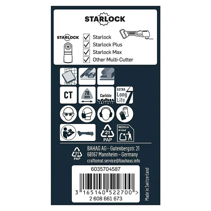Craftomat Delta-Schleifplatte AVZ 78 RT - Hartmetallbestreuung, 78 x 78 mm - Nahaufnahme der Produktverpackungsdetails mit Informationen zu Starlock-Kompatibilität, Material und Sicherheitsvorkehrungen.