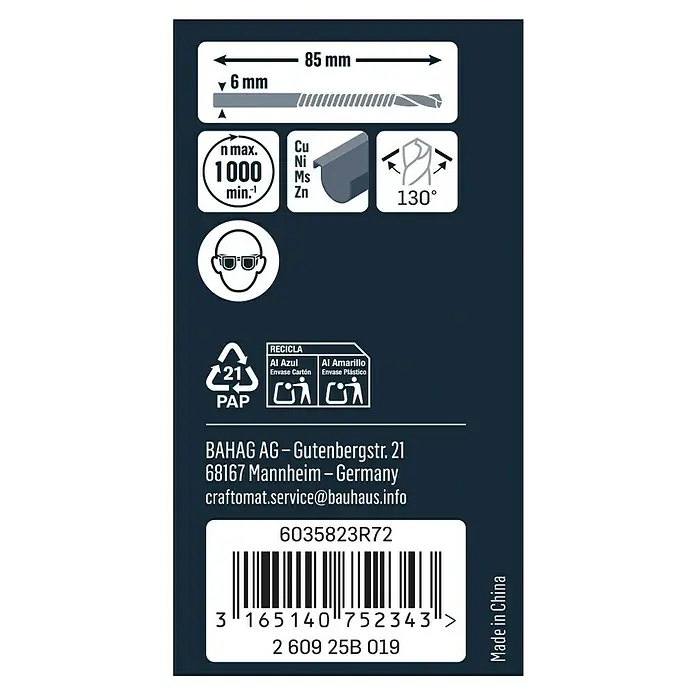 Craftomat Holzbohrer - 1 Stk., Durchmesser Bohrer: 6 mm, Länge: 85 mm - Detailansicht einer Produktverpackung mit Informationen zu einem 6mm Bohrer, inklusive Abmessungen, Materialhinweisen und Recyclinginformationen.