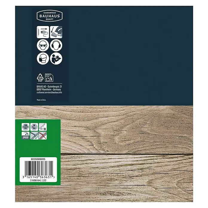 Craftomat Kreissägeblatt HM - 130 mm, Bohrung: 16 mm, Anzahl Zähne: 18 Stk. - Produktverpackung mit Sicherheitshinweisen und Barcode.