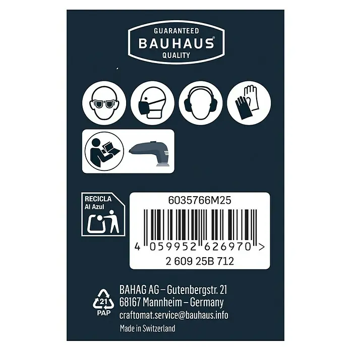 Craftomat Schleifgitter-Set - Körnung: 80, 93 x 93 mm, 5 Stk. - Produktetikett mit Sicherheitshinweisen, Barcode, Recyclinghinweis & Herstellerinformationen für BAUHAUS Qualitätsprodukte.