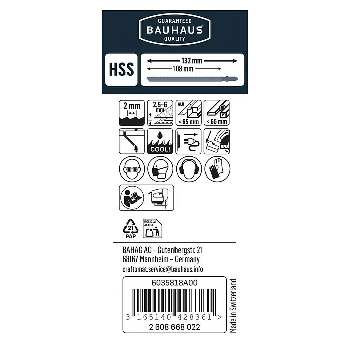 Craftomat Stichsägeblatt T 318 B - Metall, 2 -tlg., T-Schaft - Produktverpackung: HSS-Stichsägeblatt von Bauhaus, 132 mm lang, geeignet für 2-6 mm dicke Materialien, Aluminium bis 65 mm.