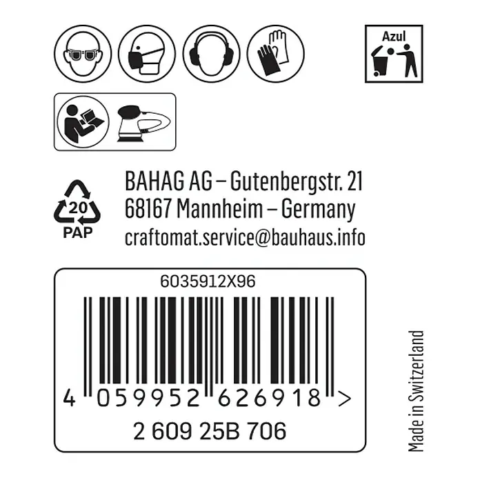 Craftomat Schleifnetz - Durchmesser: 150 mm, Körnung: 240, 1 Stk. - Produktinformationen mit Sicherheitsvorkehrungen, Barcode, Herstellerdetails und Herkunftsland.