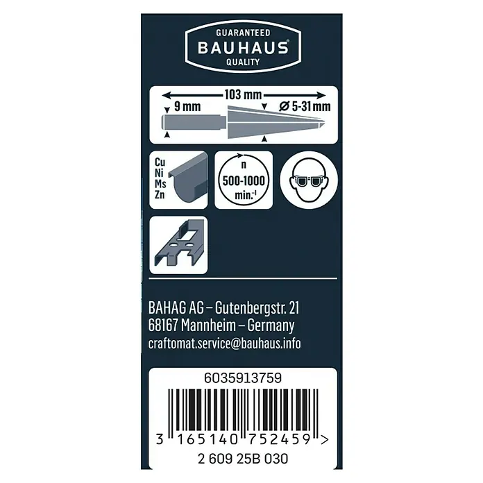 Craftomat Blechschälbohrer - Stahl, 5 mm - 31 mm - Produktinformationen: Eine detaillierte Ansicht der Produktverpackung mit technischen Daten und Herstellerinformationen.