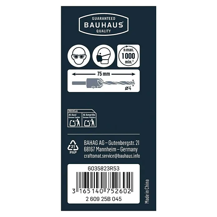 Craftomat Holzbohrer mit Senker - Durchmesser: 4 mm - Produktverpackung mit Sicherheits- und Recyclinghinweisen, inklusive Bauhaus Qualitätsgarantie und Herstellerinformationen.