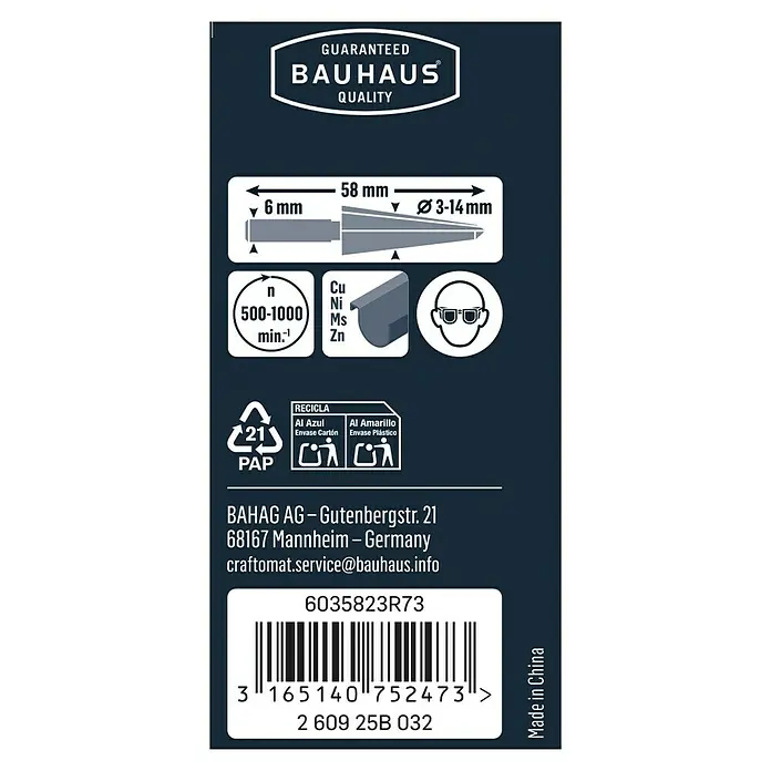 Craftomat Blechschälbohrer - 3 mm - 14 mm, Stahl - Detailansicht der Produktverpackung eines BAUHAUS-Artikels mit Spezifikationen, Recyclinghinweisen und Herstellerinformationen.