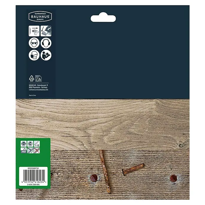 Craftomat Kreissägeblatt Bauholz - 190 mm, Bohrung: 30 mm, Anzahl Zähne: 12 Stk. - Produktabbildung mit Bauhaus-Qualitätssiegel, Sicherheitshinweisen und Barcode, präsentiert auf rustikalem Holzgrund.