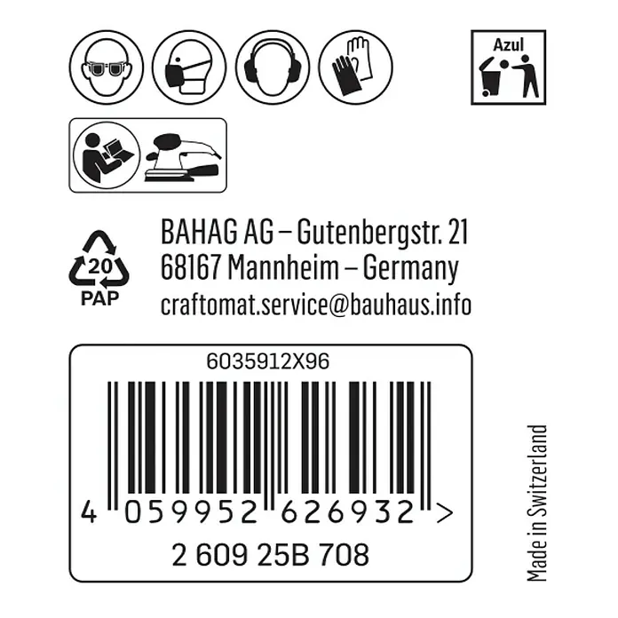 Craftomat Schleifnetz - 186 x 93 mm, Körnung: 120, 1 Stk. - Informationen zum Produktetikett mit Sicherheitsvorkehrungen, Adresse und Barcode für Craftomat-Werkzeuge.