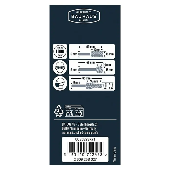 Craftomat Raspel-Set - 3 -tlg., Kegel - Produktinformationen: Schleifwerkzeugdetails, maximale Drehzahl, empfohlene Schutzmaßnahmen und Recyclinghinweise.