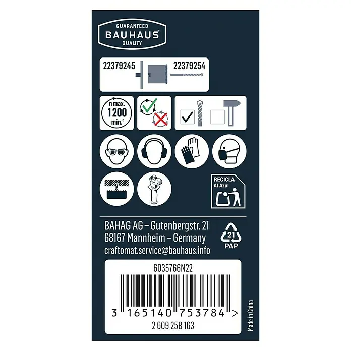 Craftomat Lochsäge - Durchmesser Bohrer: 67 mm - Etikett mit Bauhaus Qualitätsgarantie, Produktnummern, Sicherheitsinformationen und Recyclinghinweisen.