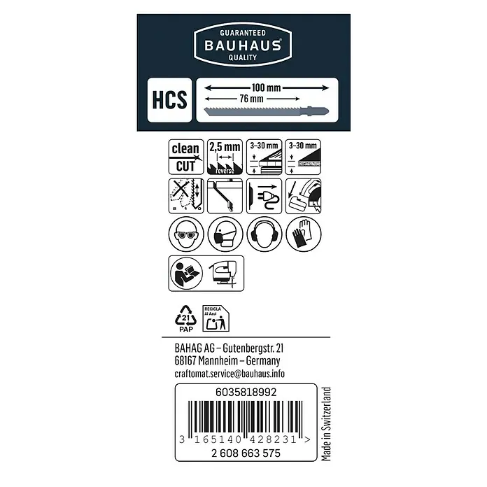 Craftomat Stichsägeblatt T 101 BR - Weichholz/Faserplatte, 2 -tlg., T-Schaft - Nahaufnahme der Produktverpackung einer HCS-Stichsäge von Bauhaus mit den Maßen 100 mm und 76 mm.