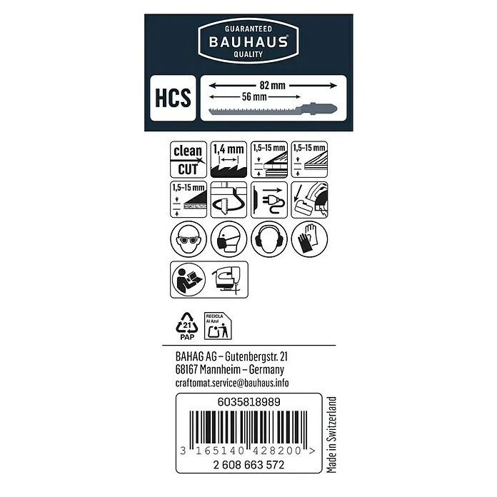 Craftomat Stichsägeblatt T 101 AO - Weichholz/Sperrholz, 2 -tlg., T-Schaft - Abbildung eines Bauhaus Stichsägeblatts HCS, 82 mm lang, geeignet für saubere Schnitte in Materialien von 1,5-15 mm Dicke.