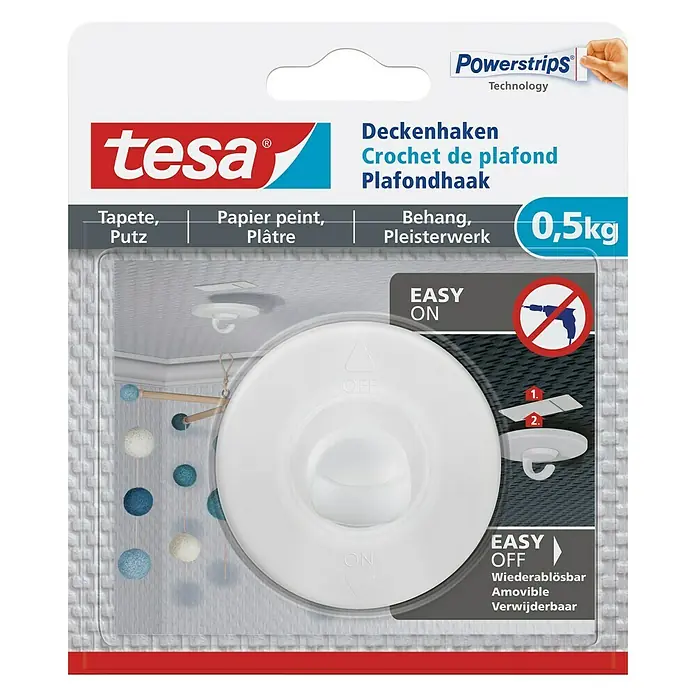 Tesa Deckenhaken - Belastbarkeit: 500 g, Weiß - Tesa Deckenhaken: Der ideale Helfer für die einfache und schnelle Befestigung von Gegenständen bis zu 0,5 kg an der Decke.