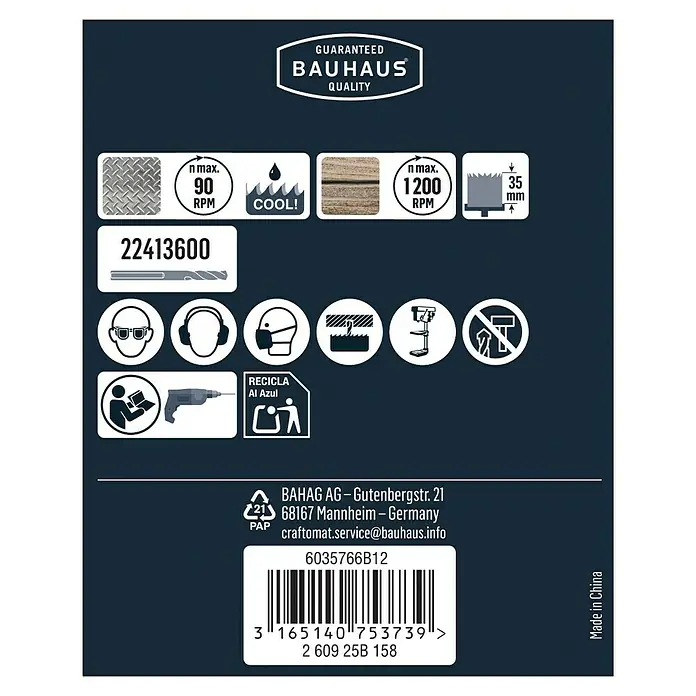 Craftomat Lochsäge - 95 mm, Stahl, Durchmesser Schaft: 10 mm HEX - Abbildung einer Produktverpackung mit Informationen zu den Bohrer- und Werkzeugspezifikationen von Bauhaus.