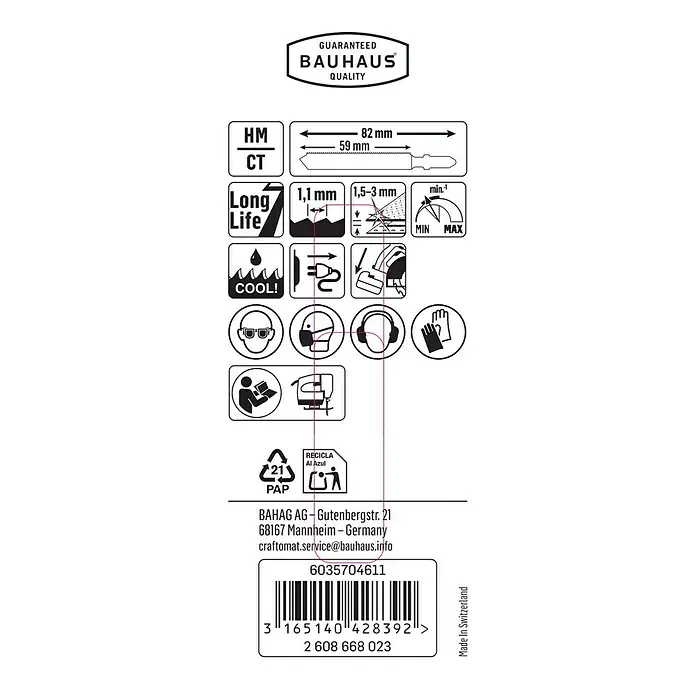 Craftomat Stichsägeblatt T 118 AHM - Edelstahlbleche, T-Schaft - Abbildung der Produktverpackung einer BAHAG AG Stichsäge mit den Produktinformationen und Sicherheitshinweisen.