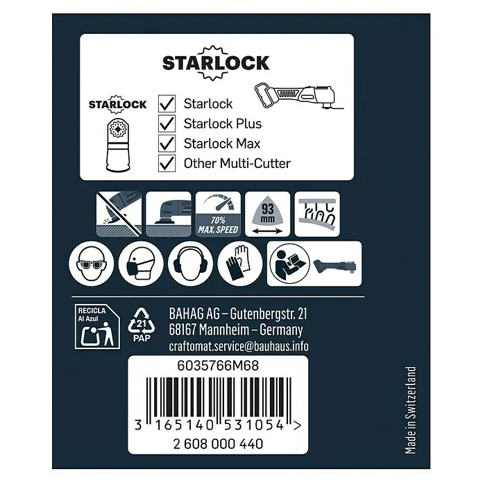 Craftomat Schleifplatte AVI 93 G - 93 mm, Klettbesatz - Produktverpackungsinformationen mit StarLock-Kompatibilität, Sicherheitsvorkehrungen und Recyclinghinweisen.