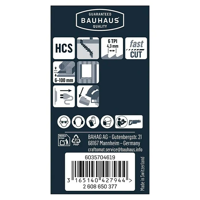 Craftomat Säbelsägeblatt S 1411 D - Holz/GFK, 2 -tlg., Zahnabstand: 4,3 mm - Produktinformationen: HCS-Sägeblatt mit 6 TPI, geeignet für Materialien von 6-100 mm, Sicherheitsvorkehrungen und Recyclinghinweise.