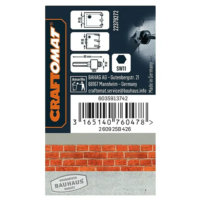Craftomat Aufnahmeschaft - Länge: 80 mm - Produktverpackung von Craftomat mit technischen Zeichnungen, Barcode und Herstellerinformationen.