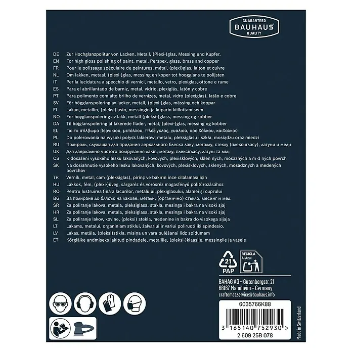 Craftomat Lammwoll-Haube - Durchmesser: 130 mm - Produktverpackung mit Anweisungen zum Hochglanzpolieren von Lacken, Metallen und Glas, ideal für Heimwerker.